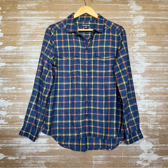 Toad&Co Tops - Toad&Co Navy Blue Plaid Button-Down Shirt with Yellow & Red Accents